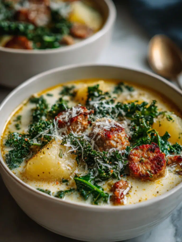 Bowl of creamy Italian sausage and potato soup garnished with Parmesan and parsley, served with crusty garlic bread.
