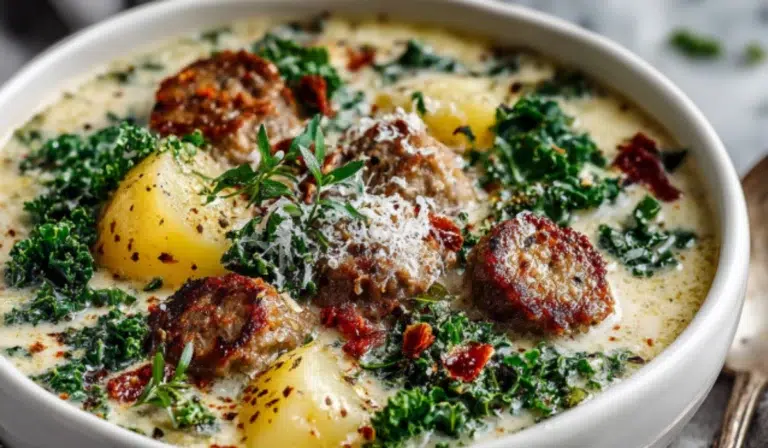 Creamy Italian sausage and potato soup with kale, Parmesan, and crusty bread on a marble surface.