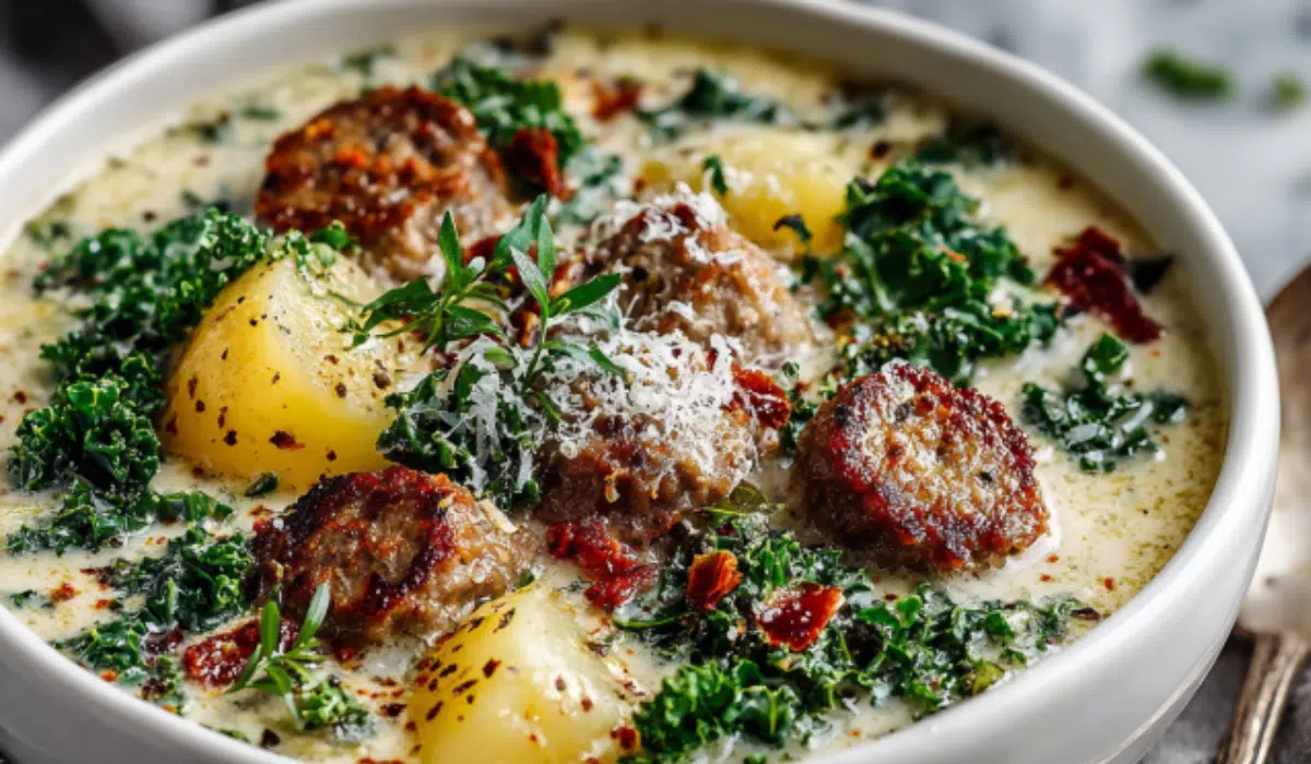 Creamy Italian sausage and potato soup with kale, Parmesan, and crusty bread on a marble surface.