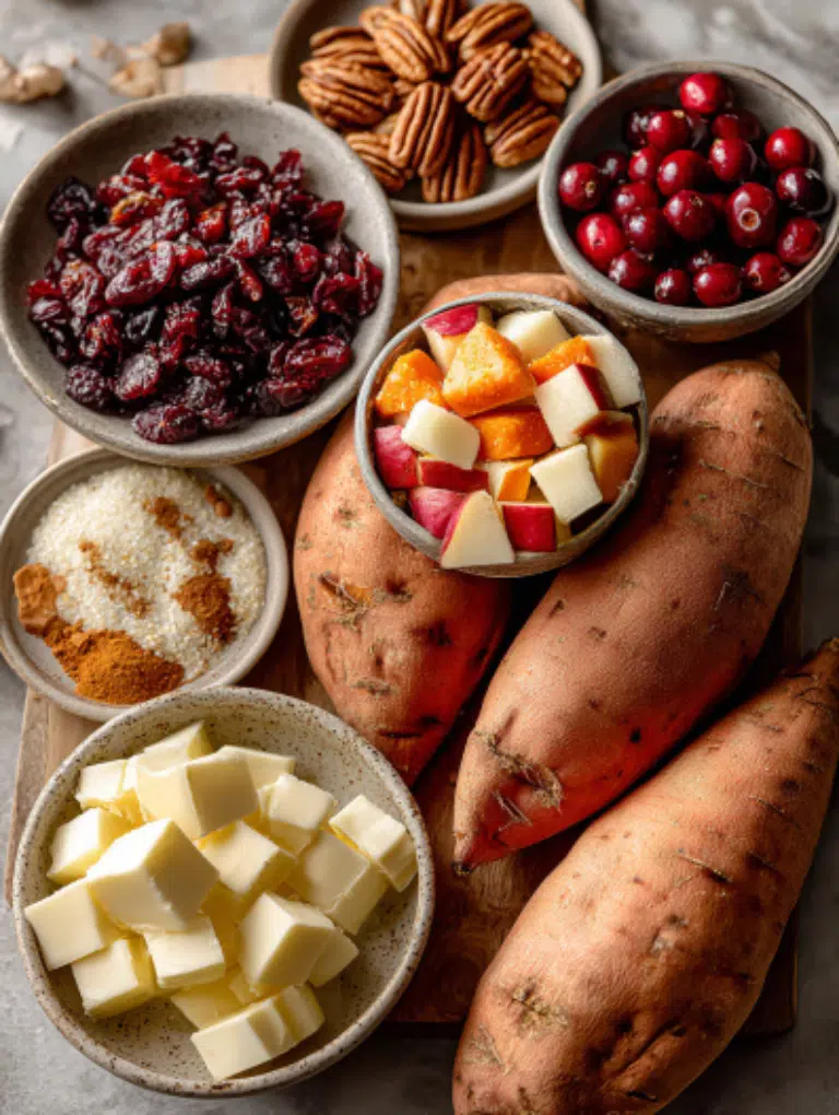 Flat lay of ingredients for cranberry apple twice-baked sweet potatoes: sweet potatoes, apples, cranberries, pecans, butter, cinnamon, and nutmeg on a marble counter.