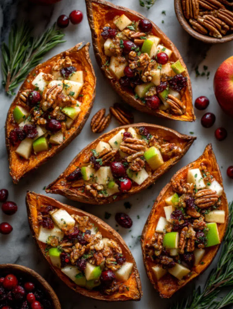 Cranberry apple twice-baked sweet potatoes served on a holiday table with roast turkey, salad, and festive decor.