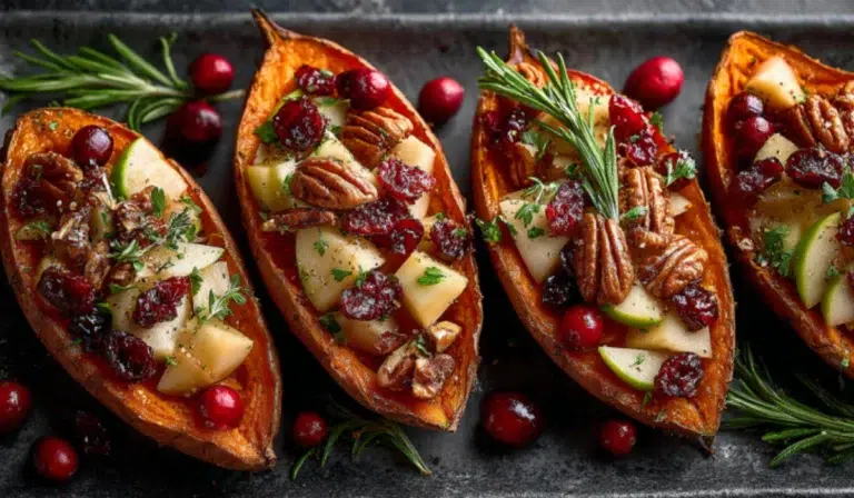 Cranberry Apple Twice-Baked Sweet Potatoes filled with apples, cranberries, and pecans on a marble surface, festive holiday side dish.”