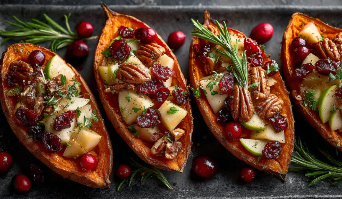 Cranberry Apple Twice-Baked Sweet Potatoes filled with apples, cranberries, and pecans on a marble surface, festive holiday side dish.”