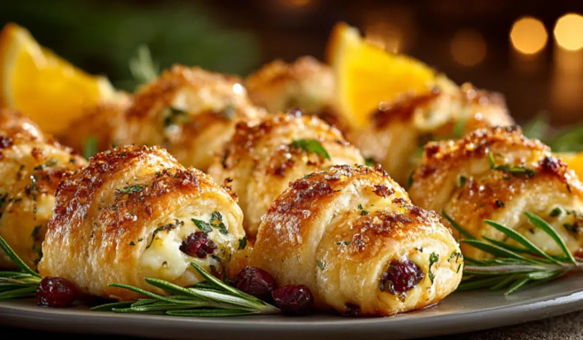 Golden cranberry cream cheese crescent bites on a festive platter with rosemary and orange garnish on marble.