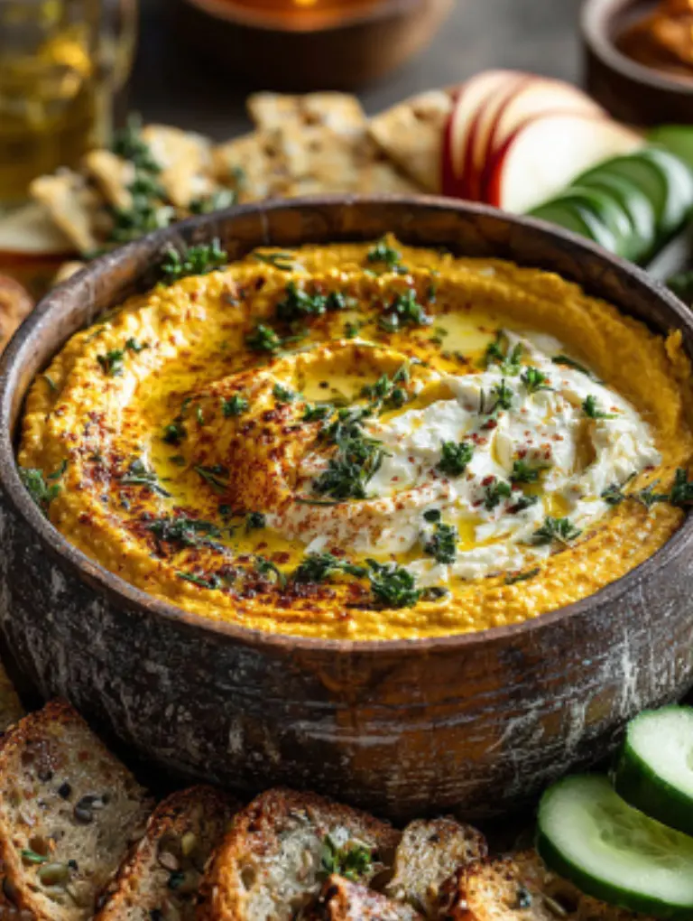 Pumpkin whipped feta dip served with sourdough bread slices, seeded crackers, crisp veggie sticks, and apple wedges on a marble platter.
