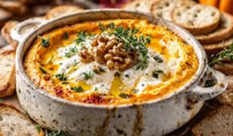 Creamy pumpkin whipped feta dip in a white ceramic bowl, topped with walnuts, thyme, and honey drizzle, served with bread, crackers, and apple slices on a marble surface.