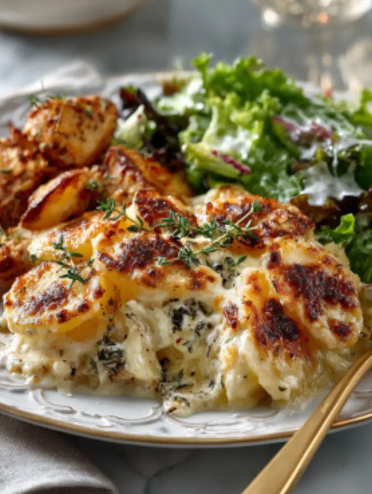 A plated serving of creamy scalloped potatoes with roasted chicken, green salad, and thyme garnish on a marble surface.