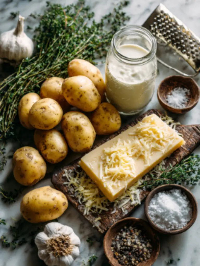 Flat lay of Yukon Gold potatoes, Gruyère cheese, garlic, thyme, cream, and seasonings arranged on a marble surface.