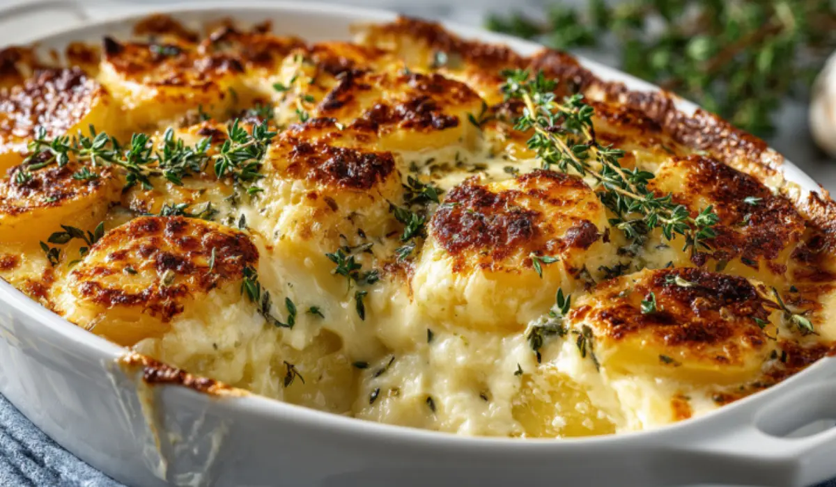 Golden scalloped potatoes baked with Gruyère cheese and cream in a white casserole dish, bubbling and garnished with fresh thyme.