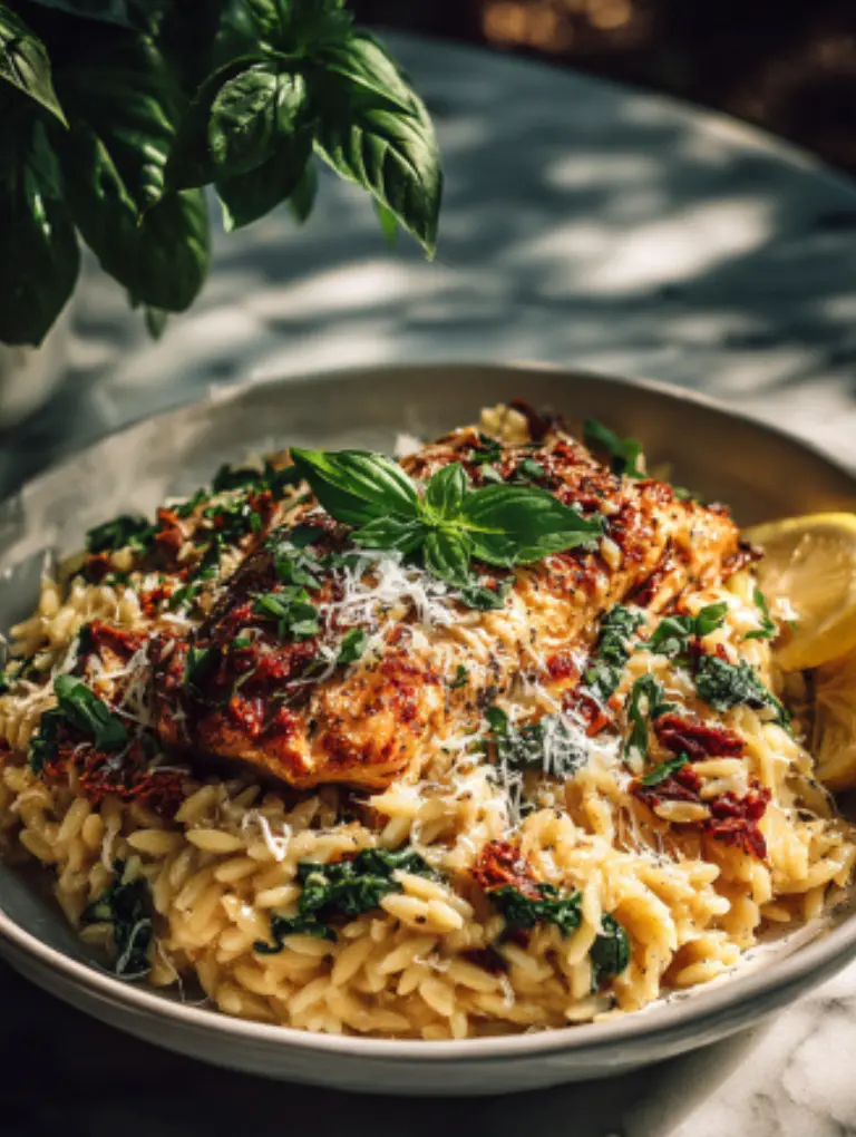 A white ceramic bowl of creamy sun-dried tomato chicken orzo on a marble surface, garnished with basil, parmesan, and lemon.
