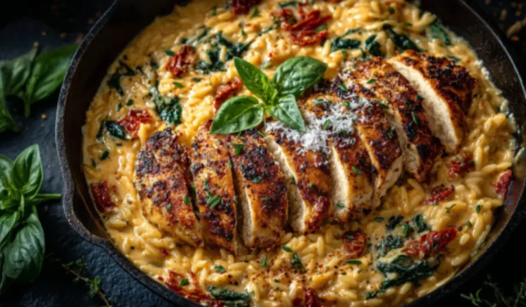 Creamy Sun-Dried Tomato Chicken Orzo Creamy sun-dried tomato chicken orzo in a skillet on a marble surface, garnished with parmesan and basil.