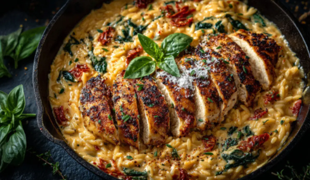 Creamy Sun-Dried Tomato Chicken Orzo Creamy sun-dried tomato chicken orzo in a skillet on a marble surface, garnished with parmesan and basil.