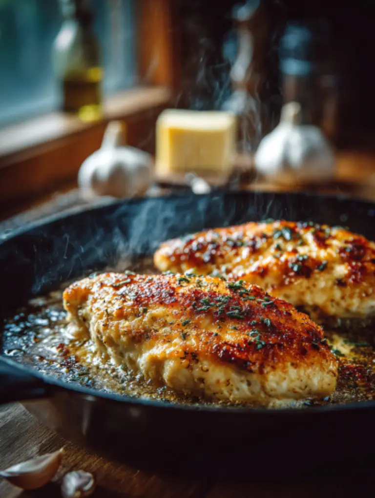 Chicken breasts searing in a skillet with garlic and butter on marble counter.