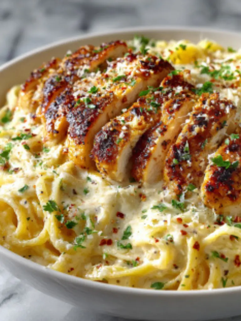 Bowl of creamy garlic parmesan chicken pasta topped with sliced chicken and parsley.