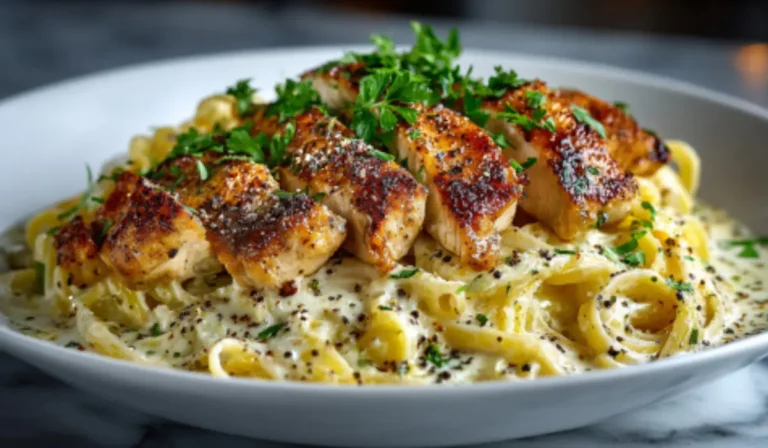 Creamy garlic parmesan chicken pasta topped with golden chicken slices and fresh parsley.