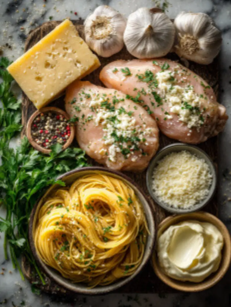 Creamy garlic parmesan chicken pasta Flat lay of raw chicken, pasta, garlic, parmesan, cream, butter, and parsley on marble.