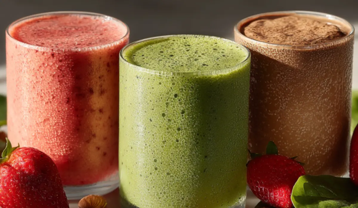 Jamba Juice Copycat Smoothies hree colorful homemade Jamba Juice copycat smoothies — strawberry, green apple, and peanut butter on a marble countertop with fresh fruits and greens.