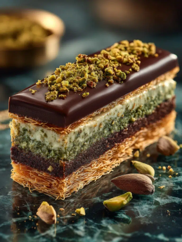 Dubai chocolate bar with pistachio filling and crispy kataifi layers on a white plate