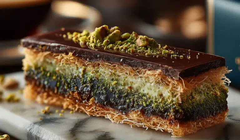 Luxury Dubai chocolate bar with pistachio filling and kataifi pastry layers on marble surface.