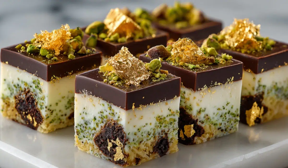 Glossy Dubai Chocolate Bar Recipe sliced on white marble, pistachio cream and crispy kataifi visible, pistachio dust and gold leaf.