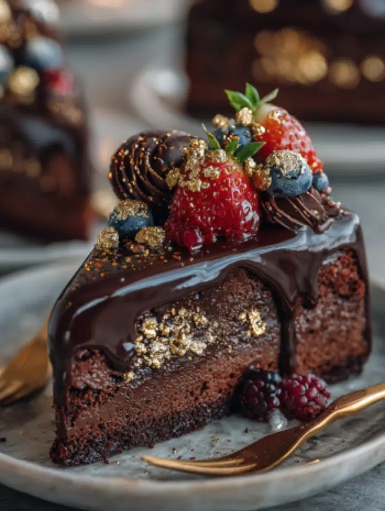 Slices of Dubai Chocolate Cake decorated with berries, nuts, and gold leaf.