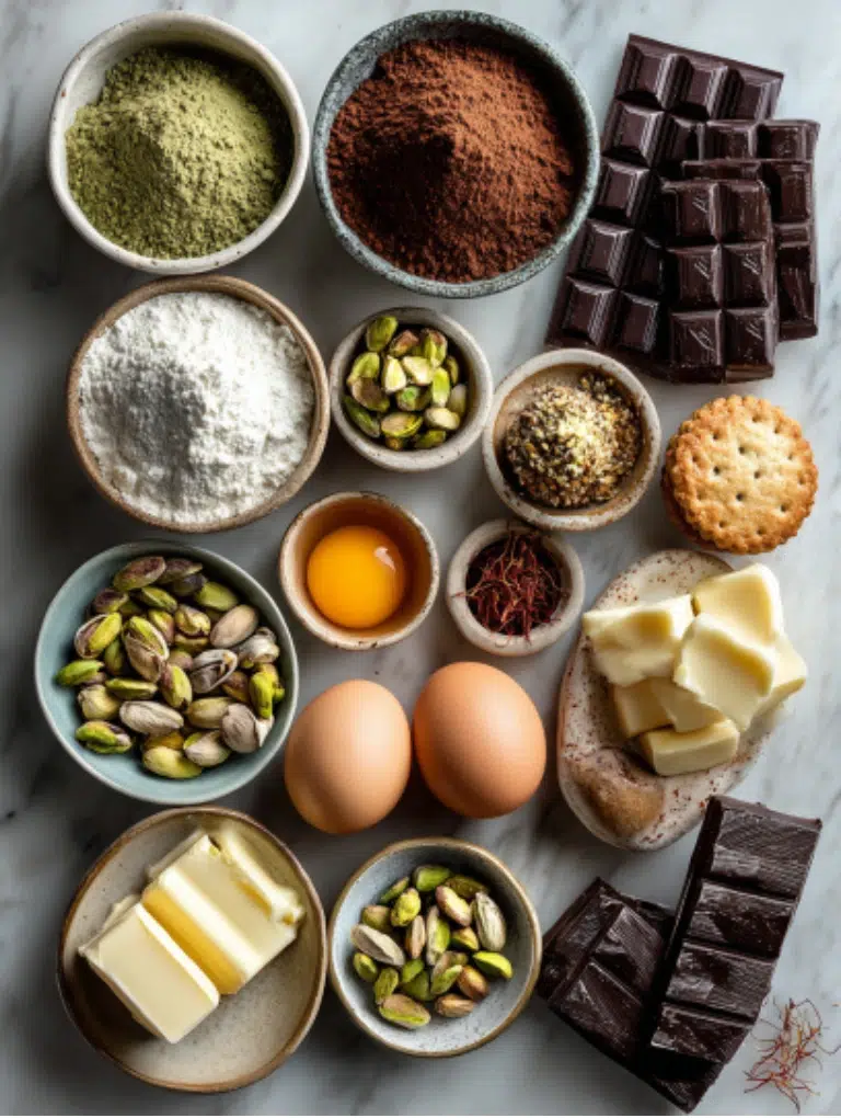 Baking ingredients for Dubai Chocolate Cake including cocoa, pistachios, saffron, and chocolate bars.