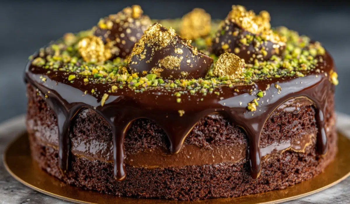 Glossy Dubai Chocolate Cake with pistachio topping and gold leaf on marble.