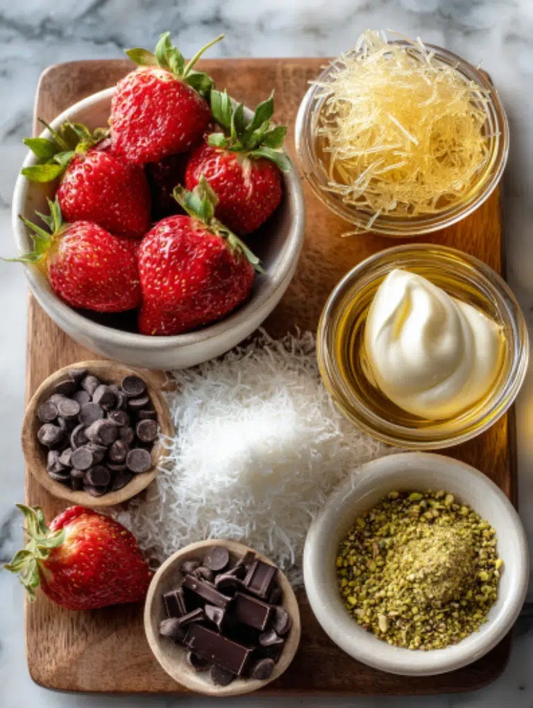 Flat lay of Dubai Chocolate Strawberry Cup, kataifi pastry, pistachio cream, and crushed pistachios on marble.