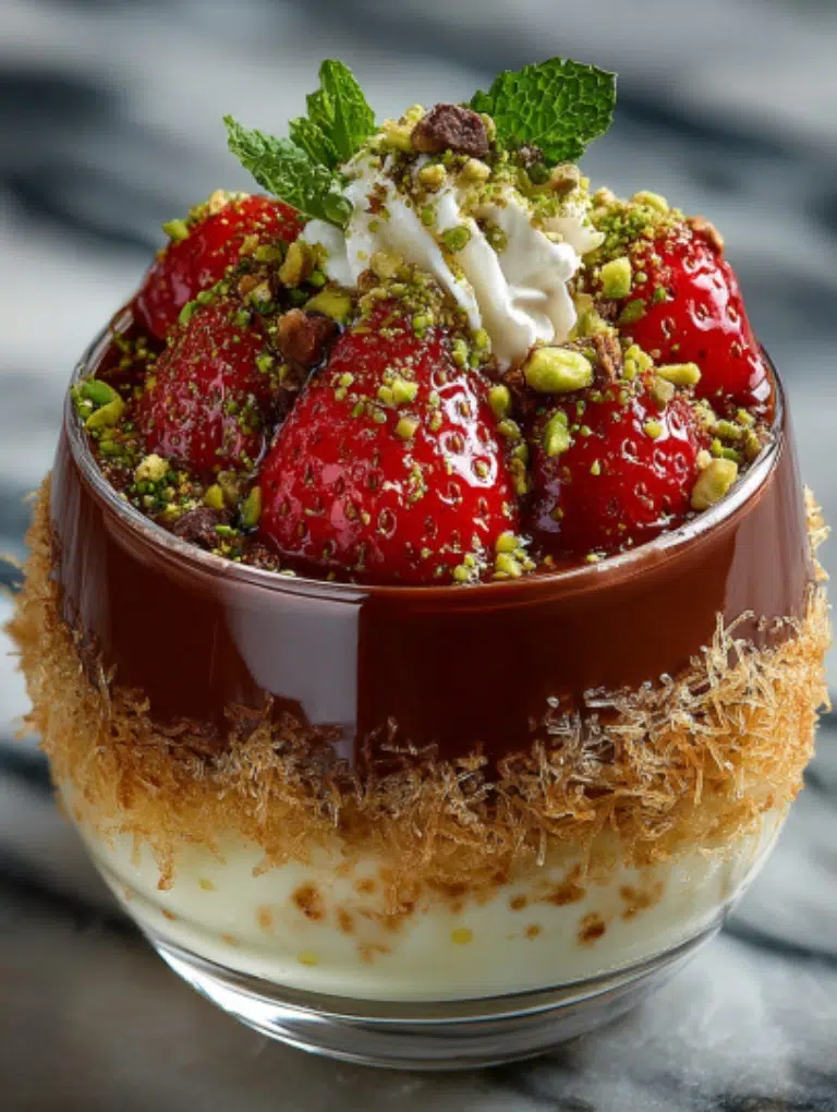 Dubai chocolate strawberry cup topped with chocolate drizzle and crushed pistachios, on marble.