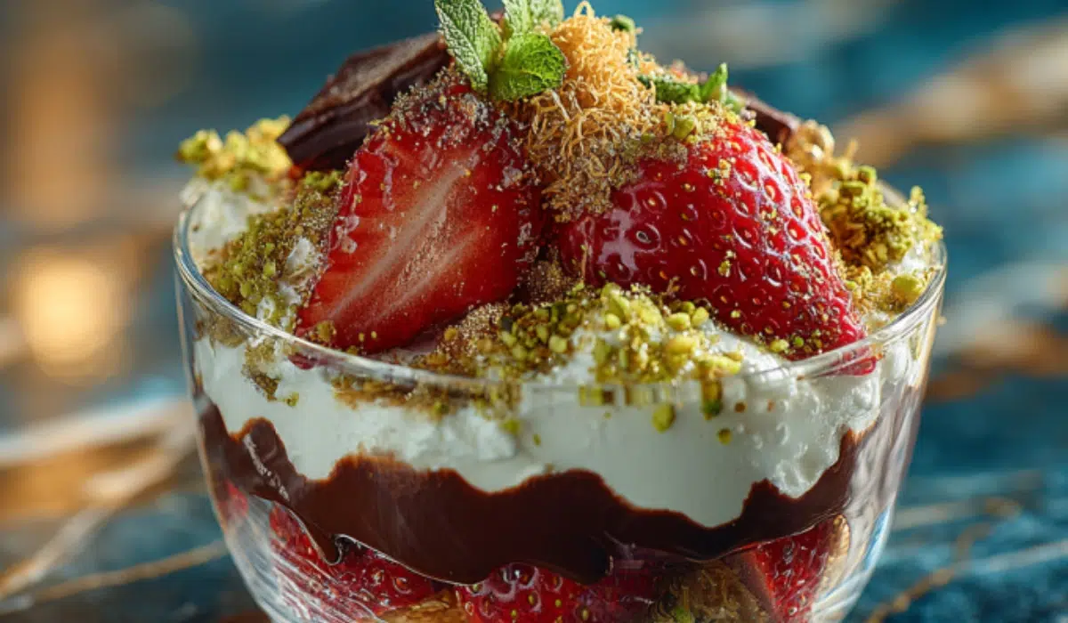 Luxurious Dubai chocolate strawberry cup with strawberries, pistachio cream, and melted chocolate in clear glass on marble.