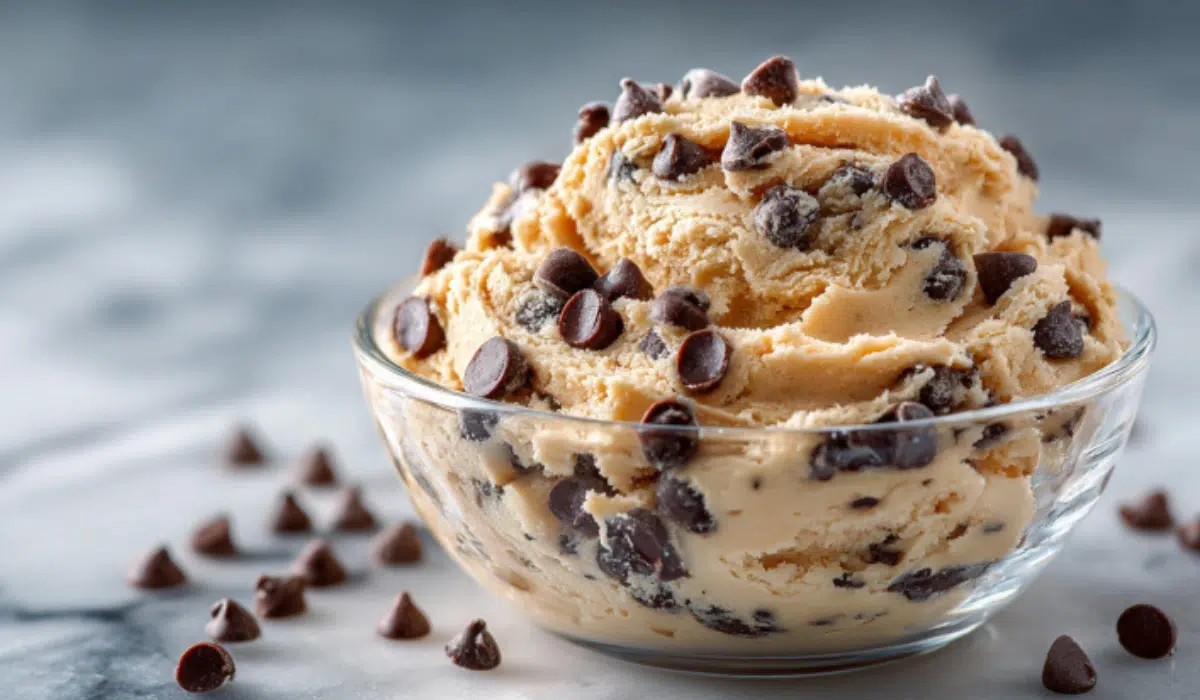 Creamy edible cookie dough with chocolate chips in a glass bowl on white marble.