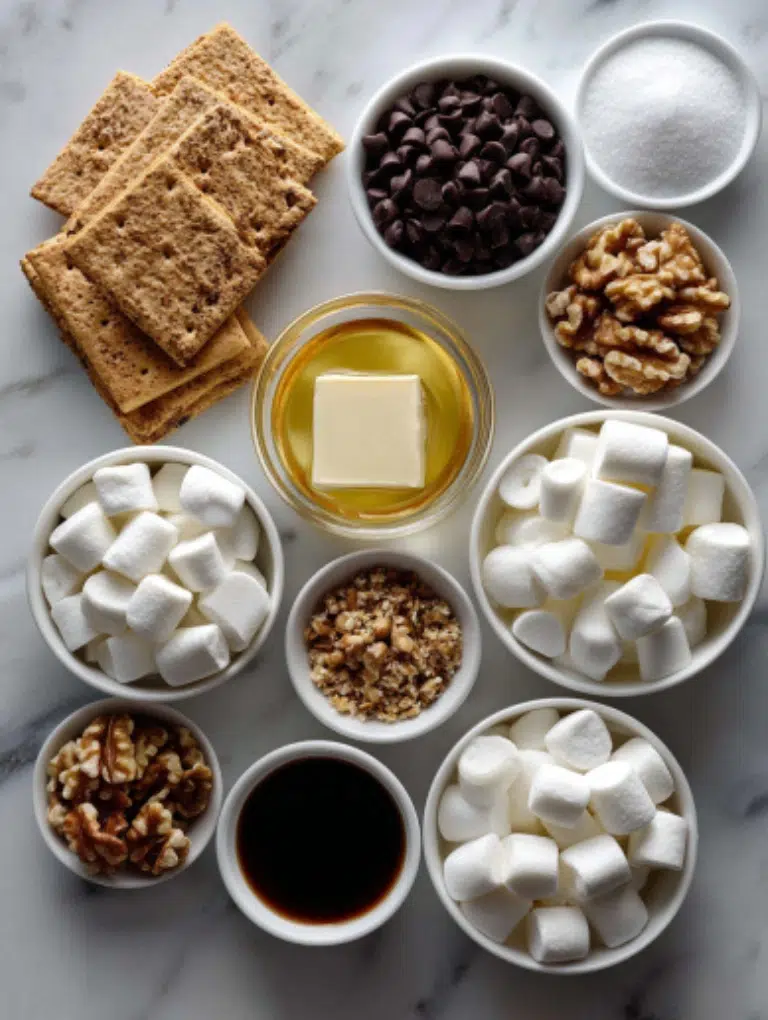 Flat lay of edible cookie dough ingredients on marble countertop.