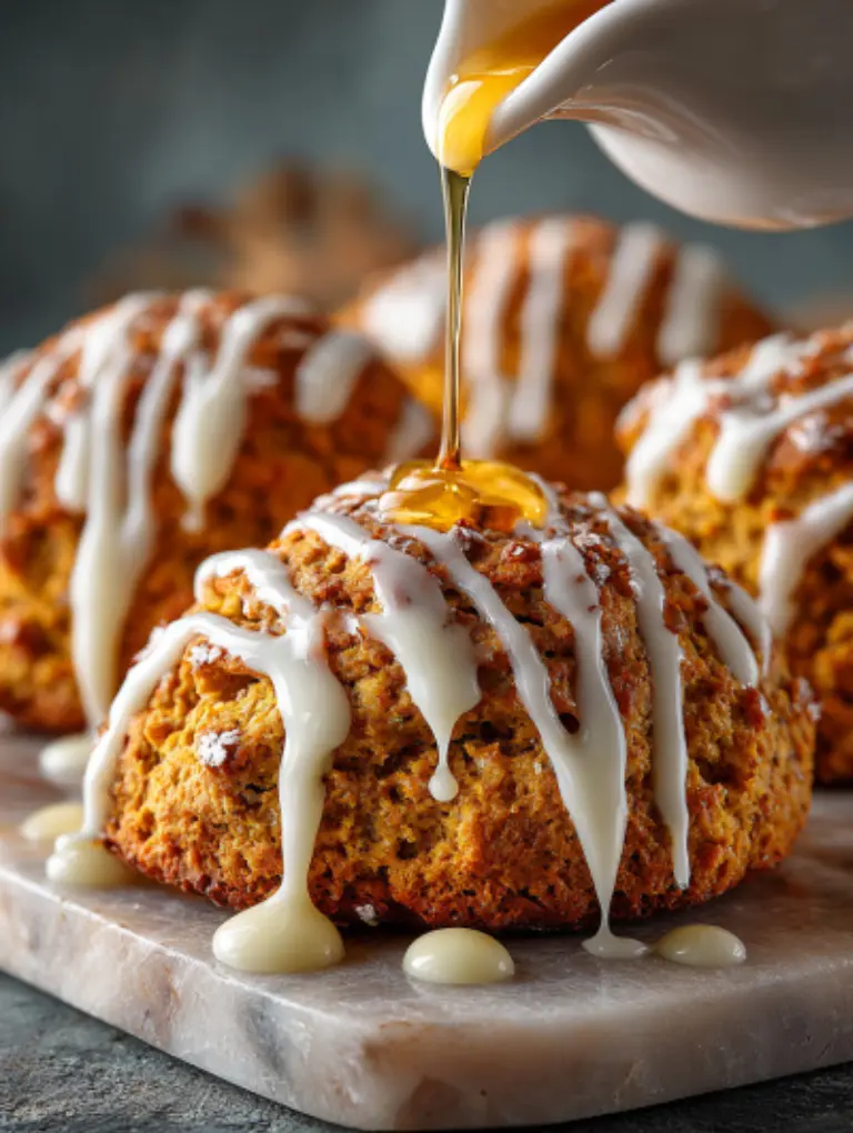 Pumpkin scones served on a marble platter with a cup of coffee and cozy fall table styling.