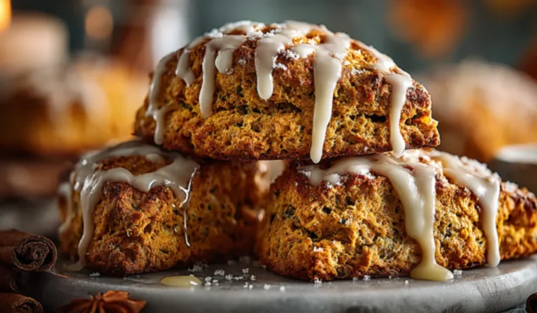 Milled Pumpkin Scones Freshly baked pumpkin scones drizzled with spiced pumpkin glaze on a marble surface with cozy autumn styling.
