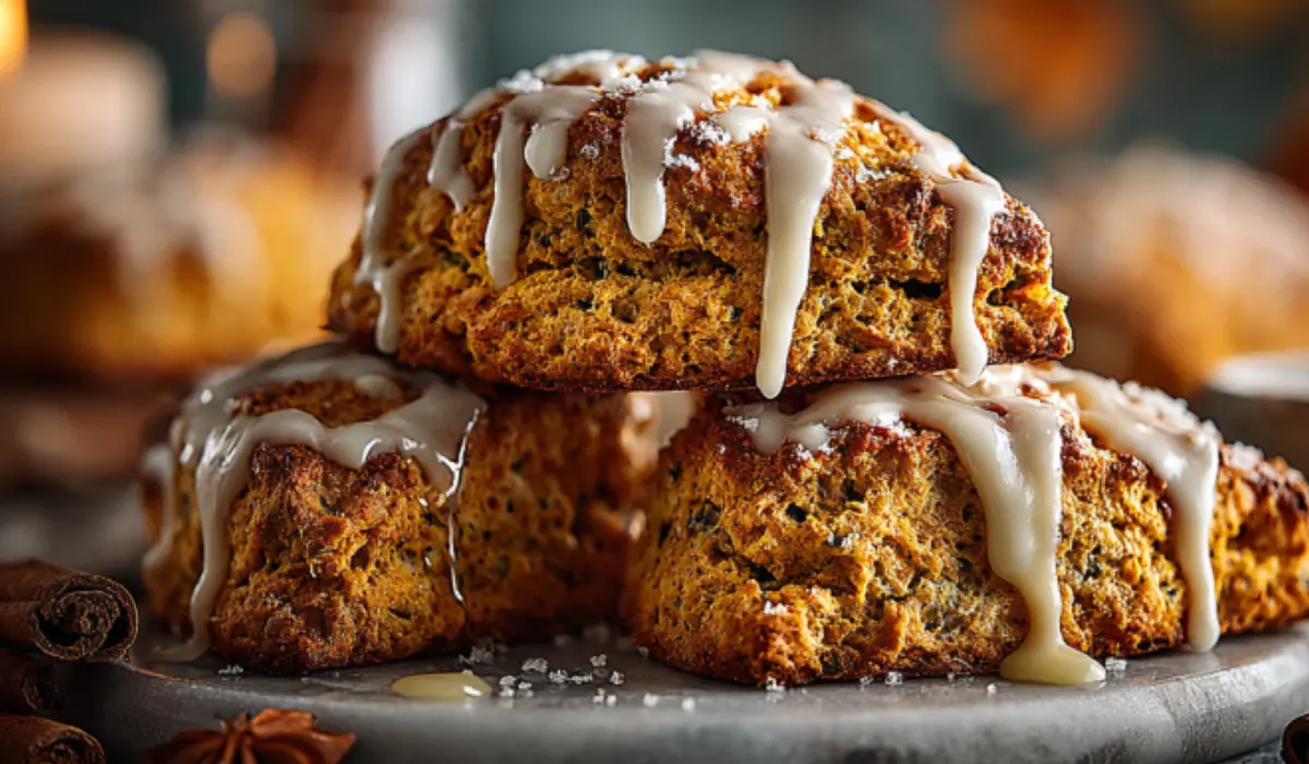Milled Pumpkin Scones Freshly baked pumpkin scones drizzled with spiced pumpkin glaze on a marble surface with cozy autumn styling.