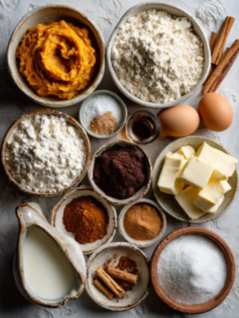 Flat lay of Milled Pumpkin Scones ingredients including pumpkin purée, flour, spices, butter, cream, and sugar arranged on a marble surface.