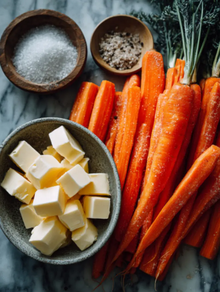 Flat lay of raw carrots, cubes of butter, brown sugar, salt, and pepper arranged neatly on a marble surface.