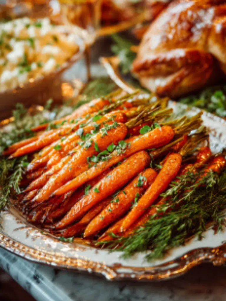 Glazed carrots served on a platter with fresh herbs beside roasted turkey and festive holiday sides.
