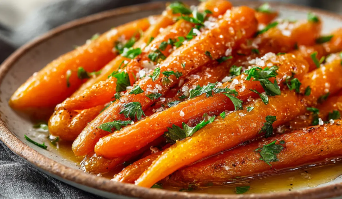 Glazed carrots in a serving bowl, coated in a glossy brown sugar butter glaze and topped with fresh parsley.