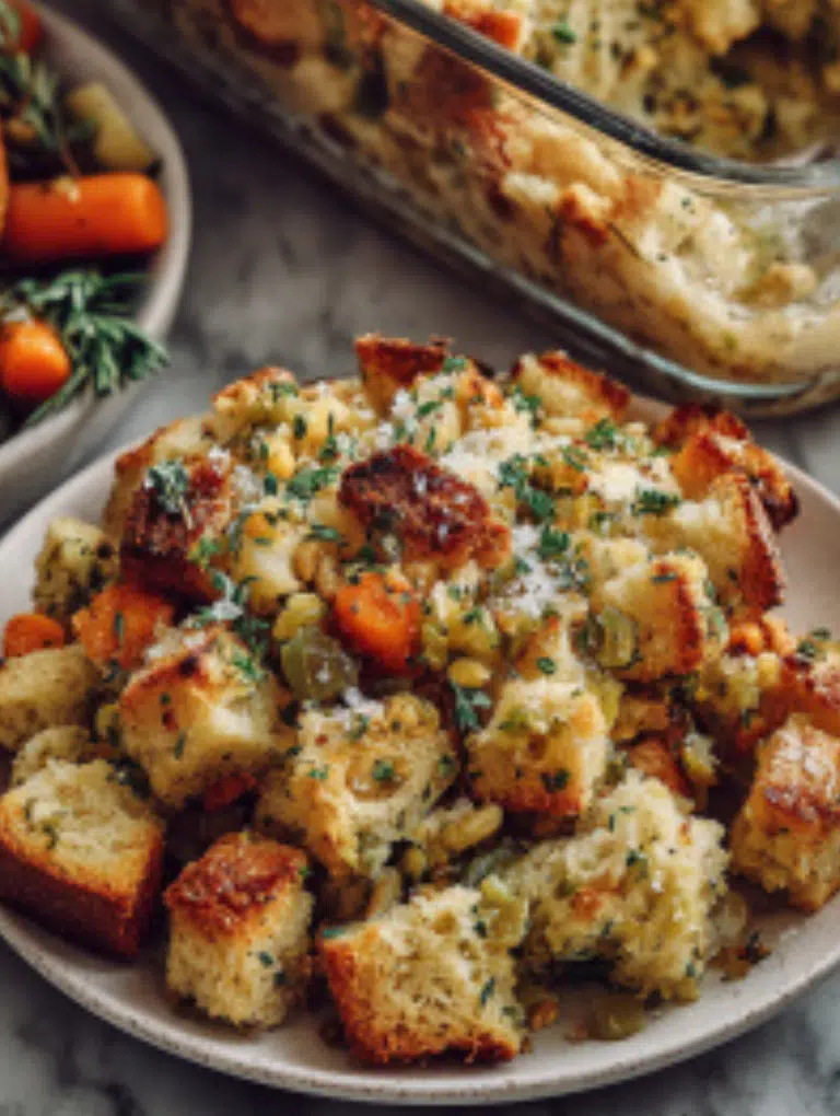 Scoop of Thanksgiving stuffing served on a white plate with turkey and vegetables, plus leftovers stored in a glass container.