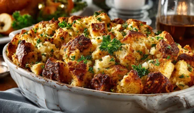 Golden-brown Thanksgiving stuffing in a casserole dish with a crispy top and fresh herbs, surrounded by turkey and fall vegetables.