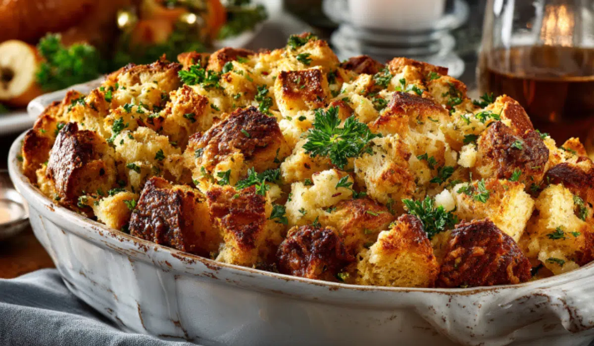 Golden-brown Thanksgiving stuffing in a casserole dish with a crispy top and fresh herbs, surrounded by turkey and fall vegetables.