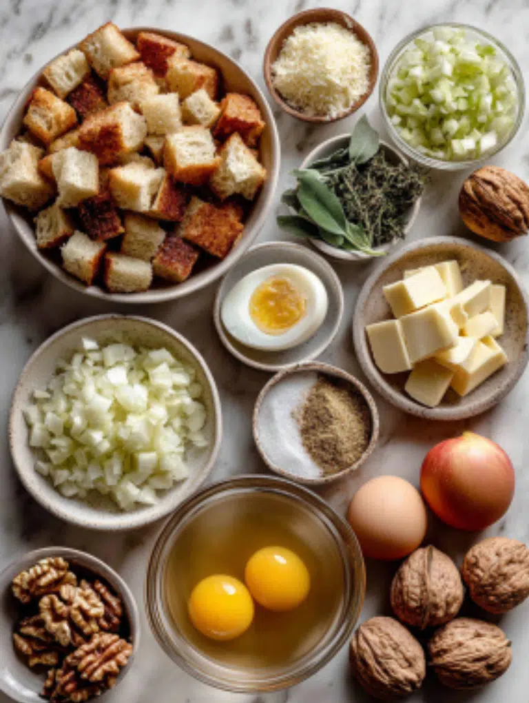 Flat lay of Thanksgiving stuffing ingredients including cubed bread, onion, celery, eggs, broth, and fresh herbs on a marble surface.