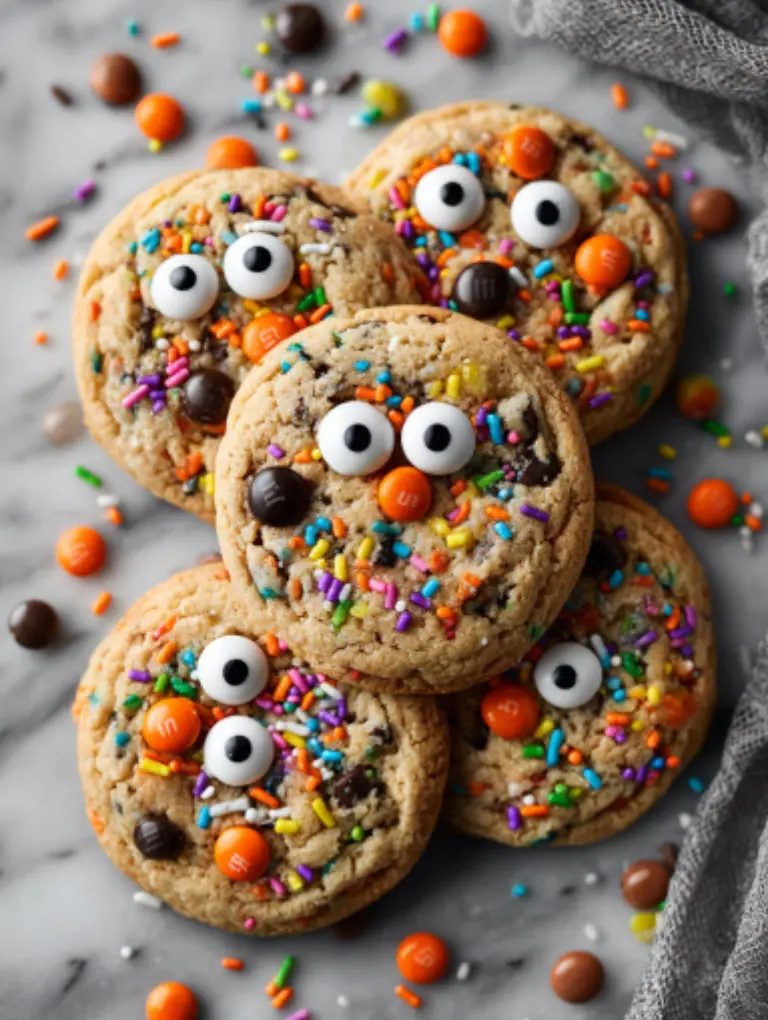 Halloween cookie platter with decorated chocolate chip cookies, candy corn, caramel apples, hot cocoa, and Oreo “dirt” crumbs on a marble surface.