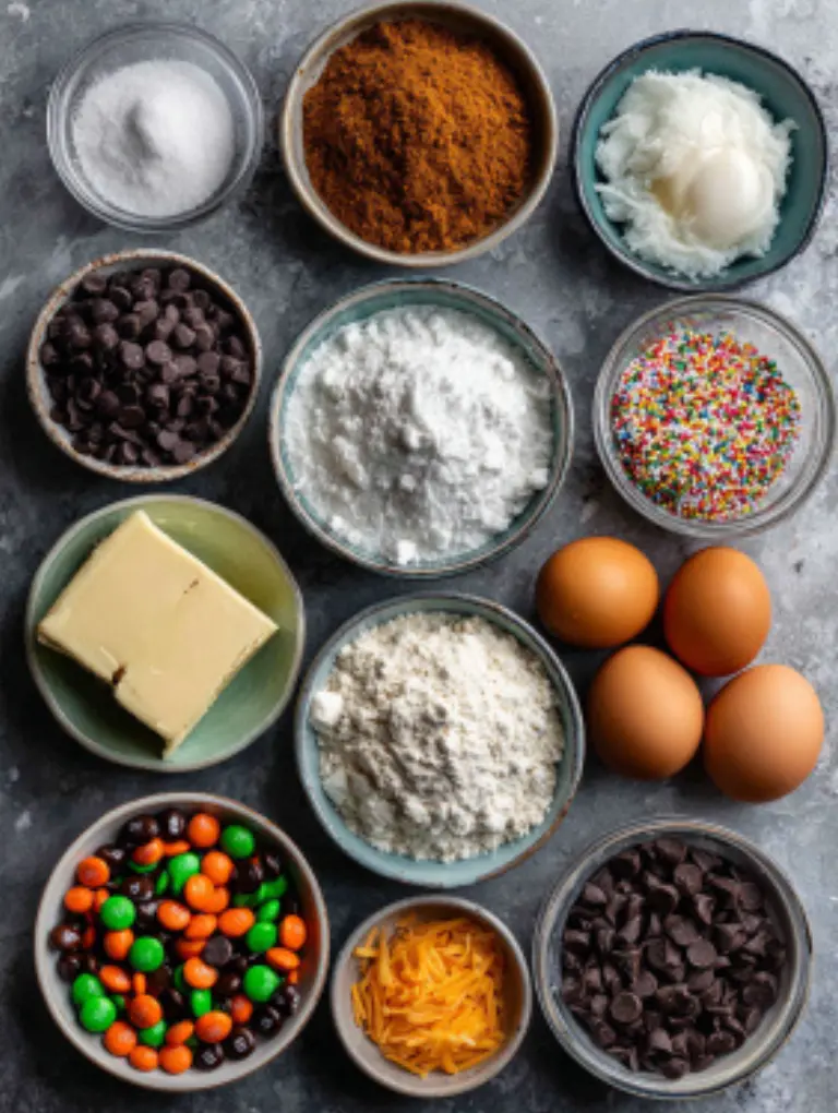 Flat lay of Halloween cookie ingredients including butter, sugar, flour, eggs, chocolate chips, M&Ms, candy eyes, and sprinkles on a marble surface.