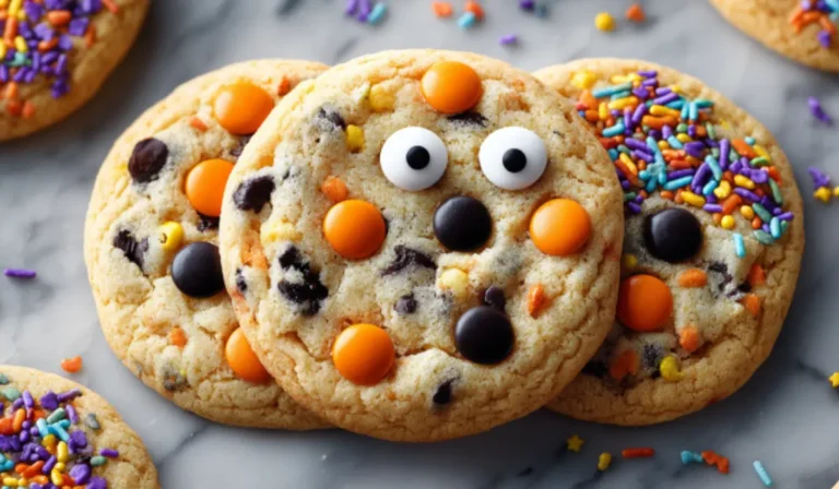 Halloween chocolate chip cookies decorated with orange and black M&Ms, candy eyes, and sprinkles on a marble surface.