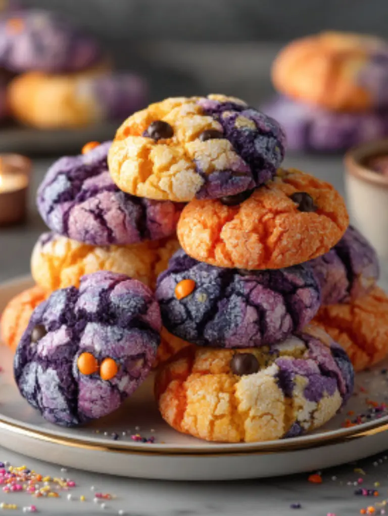 Halloween crinkle cookies in orange and purple sugar with candy eyes, served on a party platter over marble.