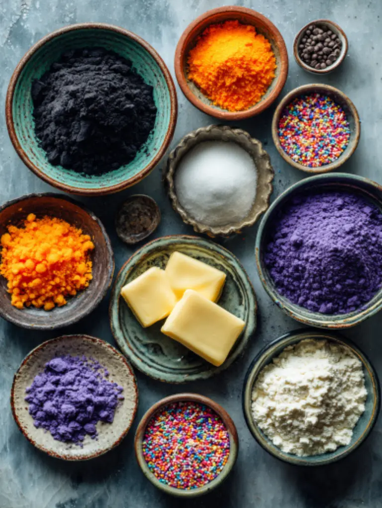 Flat lay of Halloween cookie ingredients including cocoa, flour, butter, sugar, and colorful sanding sugars on a marble surface.
