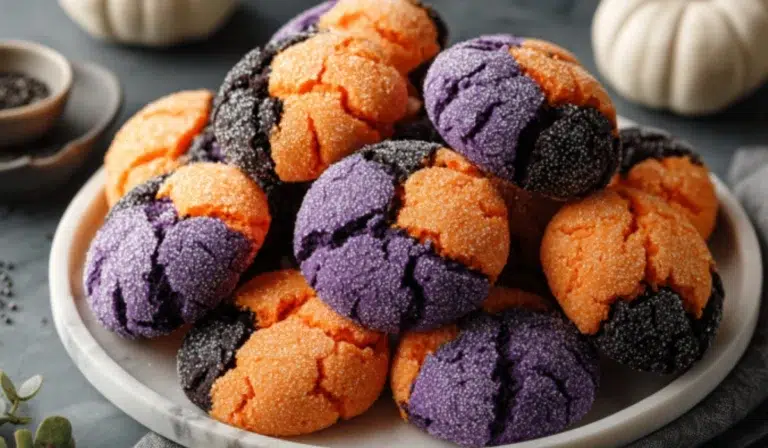 Halloween crinkle cookies with cracked tops in bold orange and purple sugar on a marble surface.