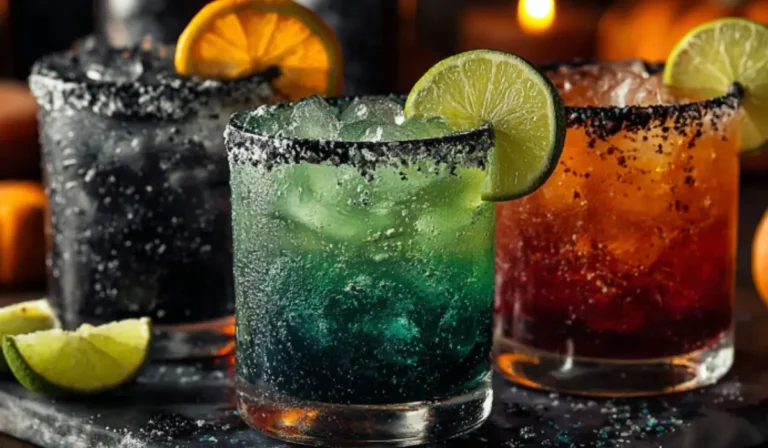 Halloween margaritas mocktails in black, green, and red, rimmed with black salt and garnished with citrus and candy eyes on a marble surface.